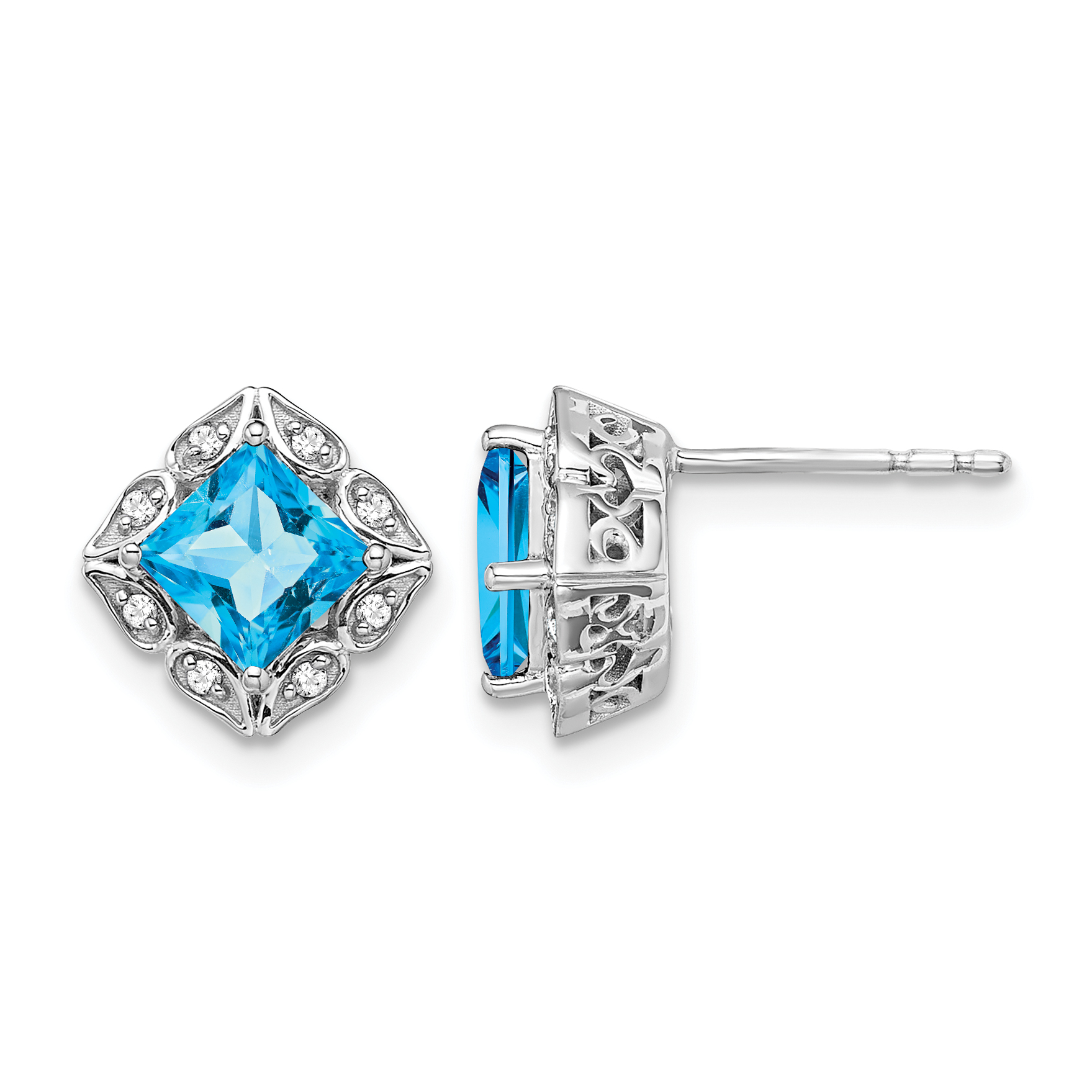 14k White Gold Square Blue Topaz and Diamond Earrings (EM7082-BT-008-WA)