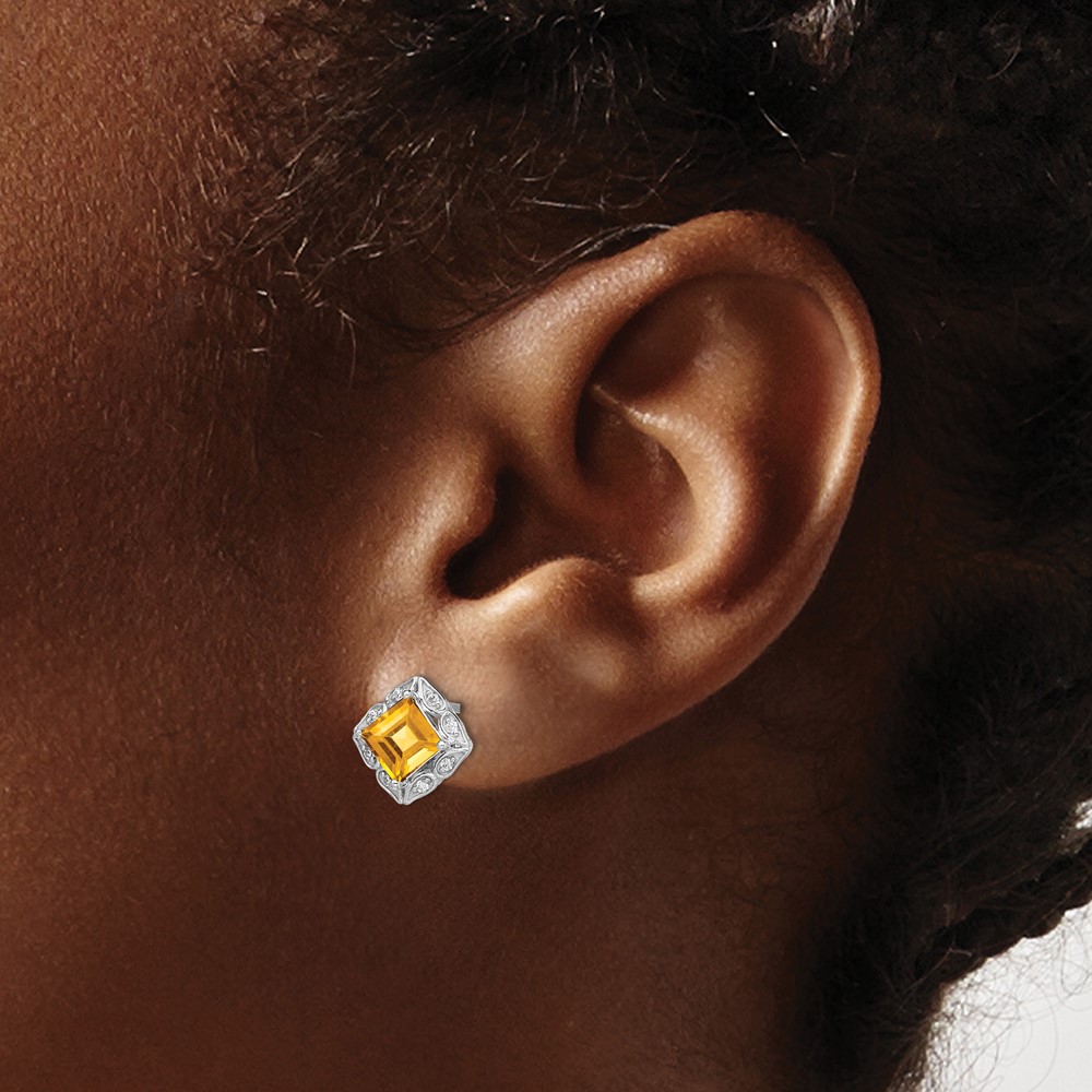 14k White Gold Square Citrine and Diamond Earrings (EM7082-CI-008-WA)