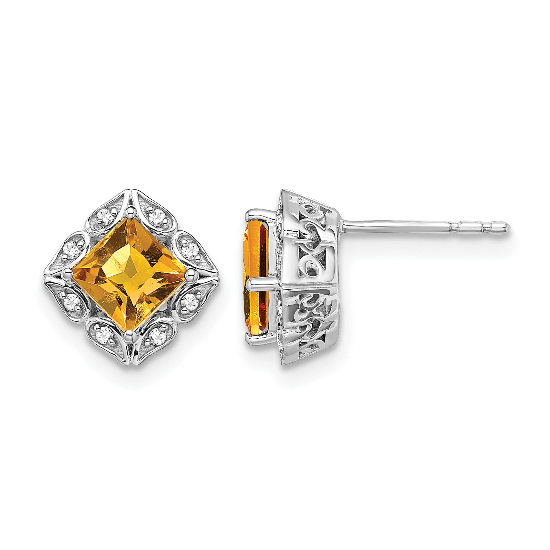 14k White Gold Square Citrine and Diamond Earrings (EM7082-CI-008-WA)