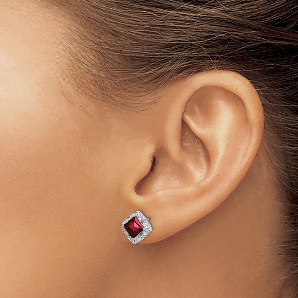 14k White Gold Square Garnet and Diamond Earrings (EM7082-GA-008-WA)