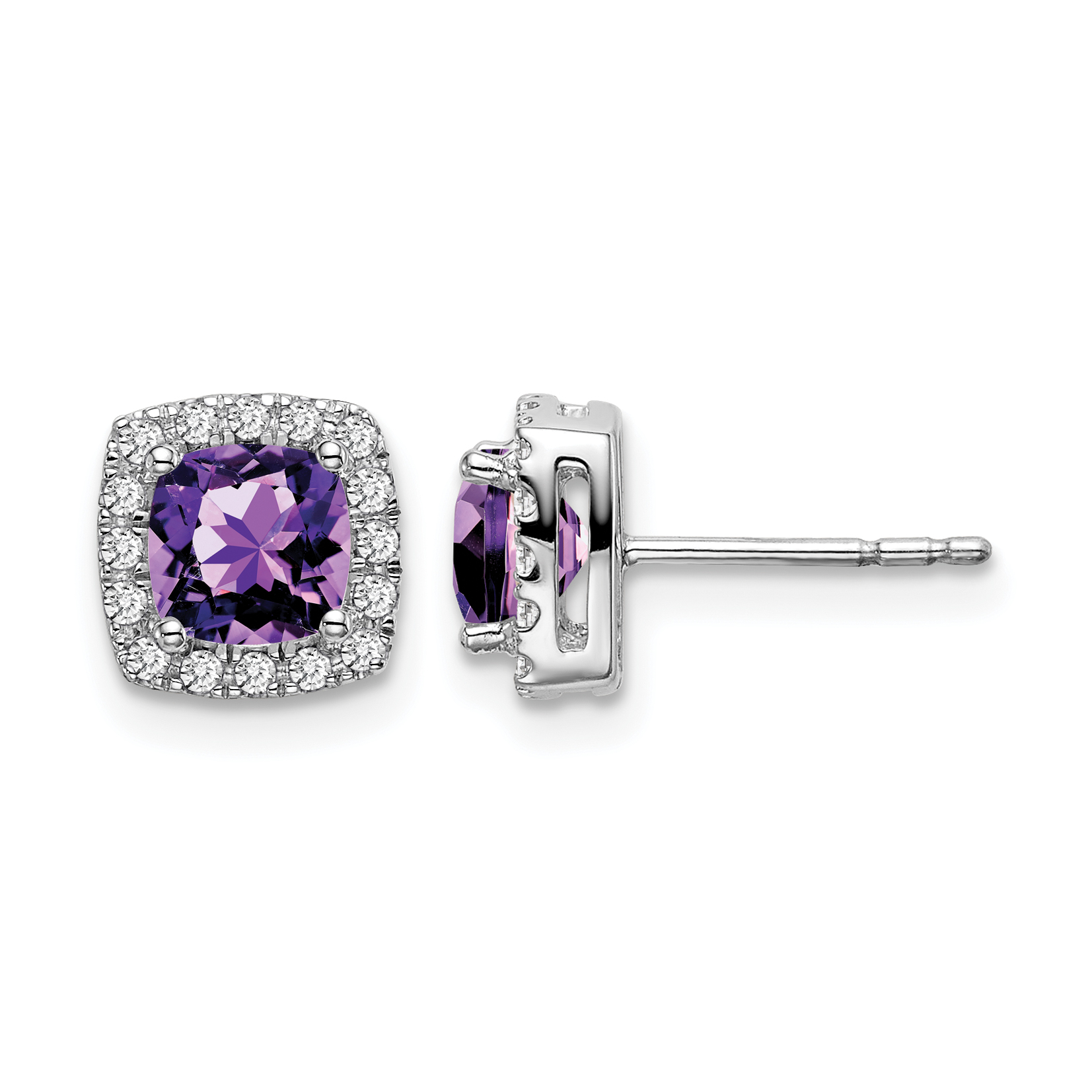 14k White Gold Cushion Amethyst and Diamond Halo Earrings (EM7084-AM-019-WA)