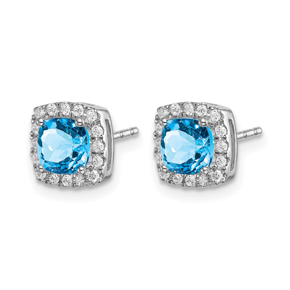 14k White Gold Cushion Blue Topaz and Diamond Halo Earrings (EM7084-BT-019-WA)