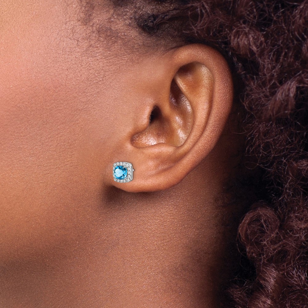 14k White Gold Cushion Blue Topaz and Diamond Halo Earrings (EM7084-BT-019-WA)