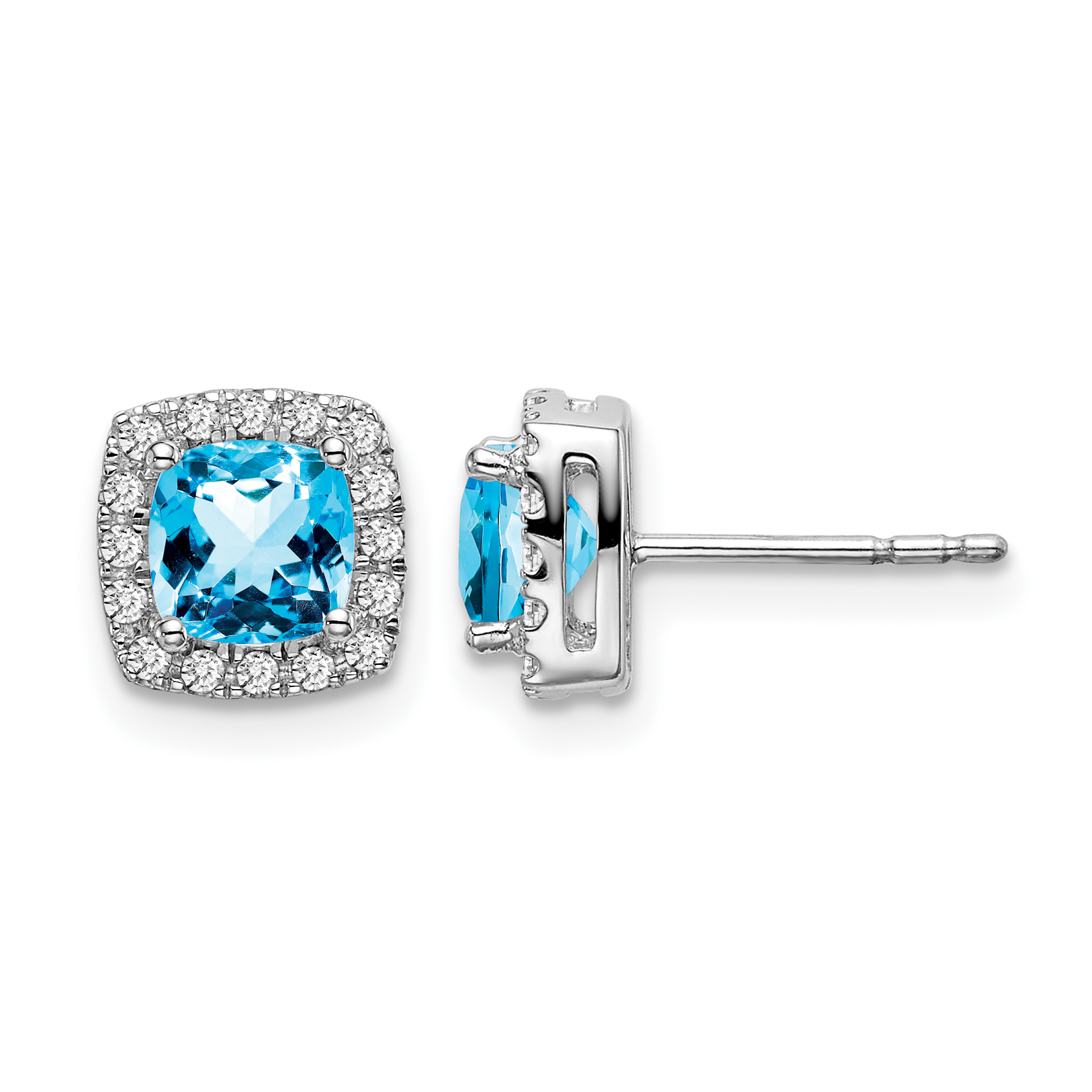 14k White Gold Cushion Blue Topaz and Diamond Halo Earrings (EM7084-BT-019-WA)