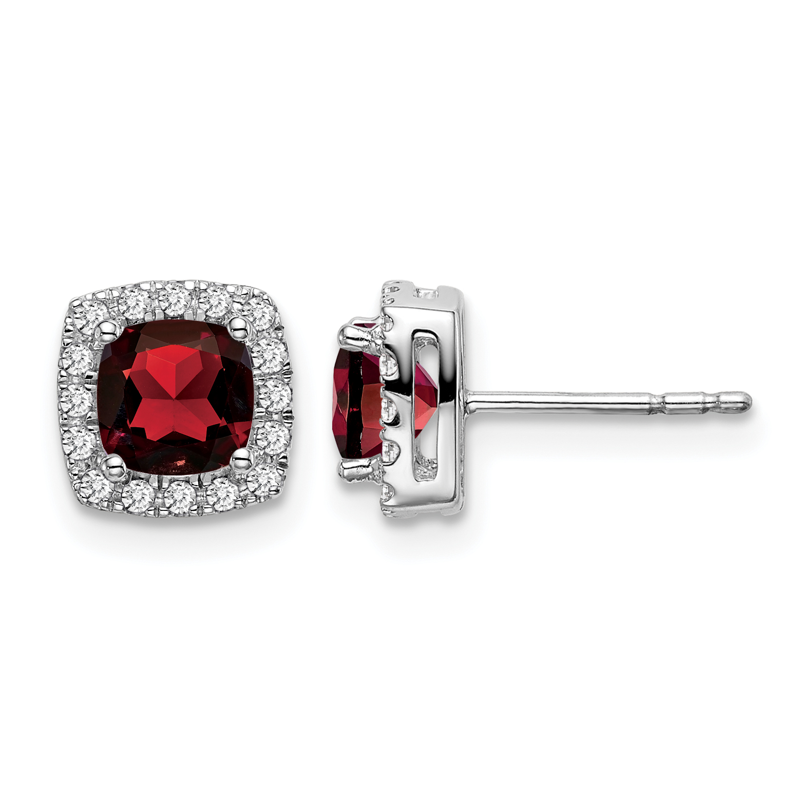 14k White Gold Cushion Garnet and Diamond Halo Earrings (EM7084-GA-019-WA)