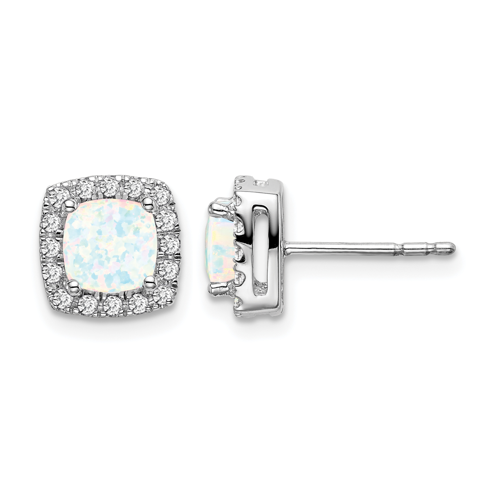 14k White Gold Cushion Created Opal and Diamond Halo Earrings (EM7084-OP-019-WA)