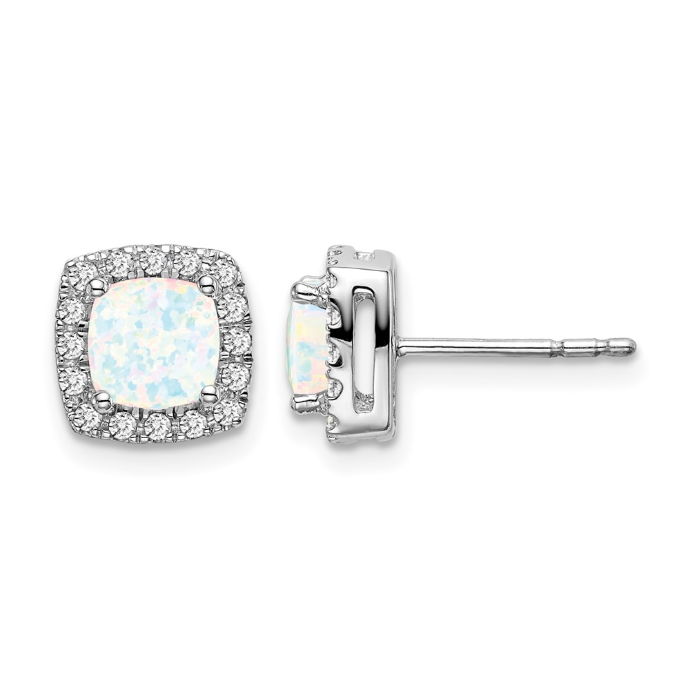 14k White Gold Cushion Created Opal and Diamond Halo Earrings (EM7084-OP-019-WA)