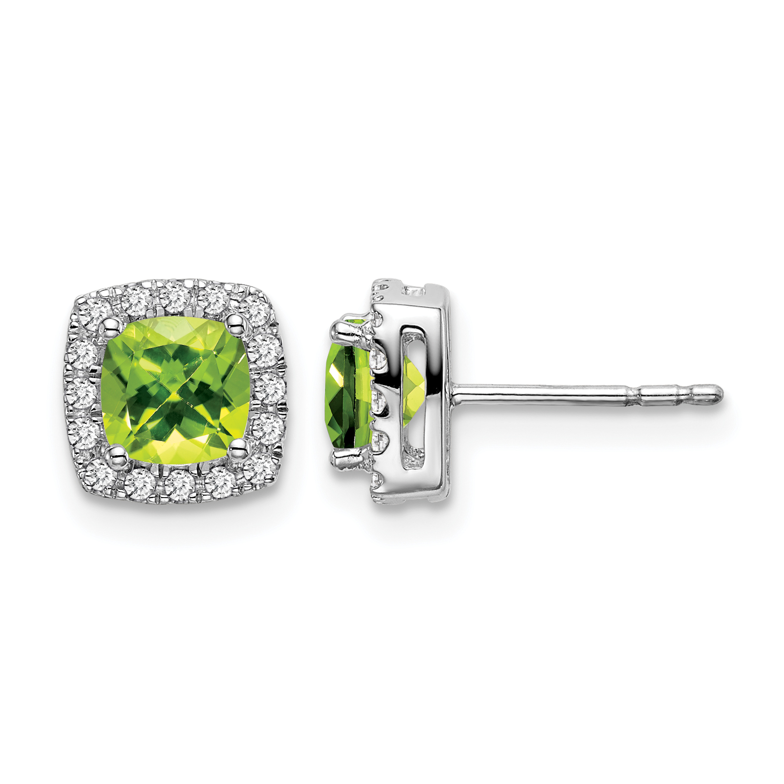 14k White Gold Cushion Peridot and Diamond Halo Earrings (EM7084-PE-019-WA)