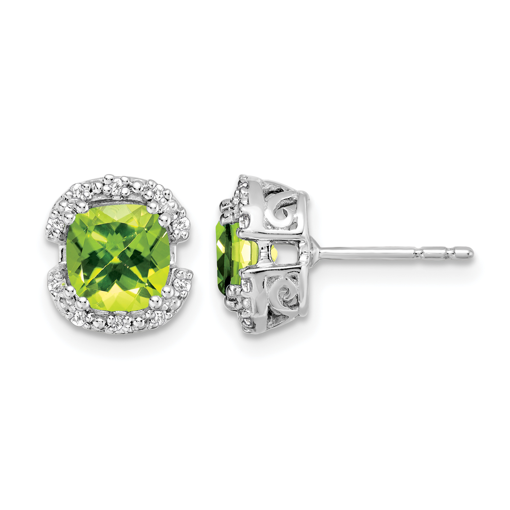 14k White Gold Cushion Peridot and Diamond Halo Earrings (EM7087-PE-010-WA)