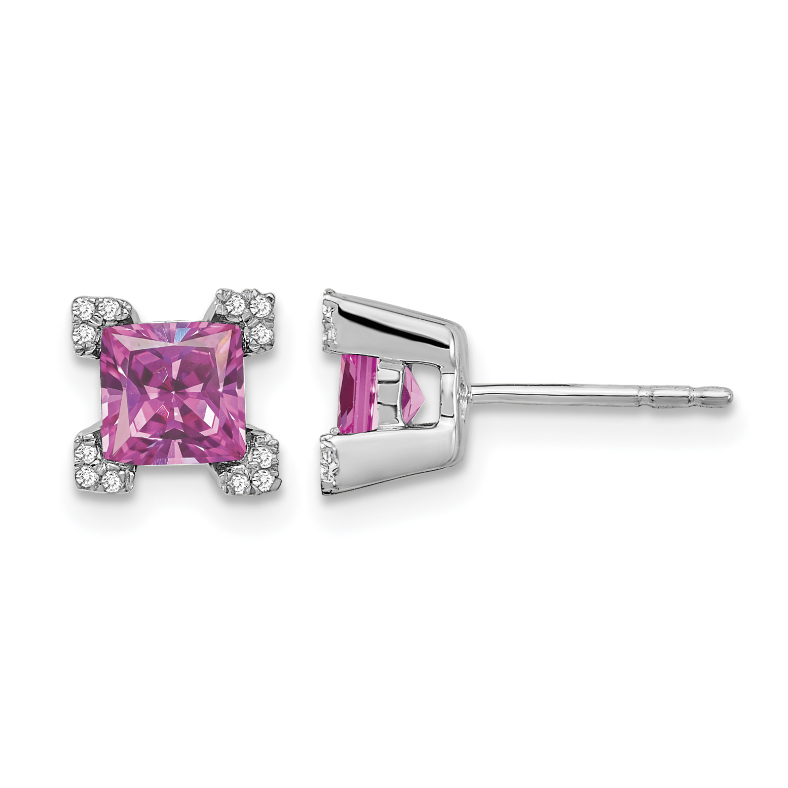 14k White Gold Square Created Pink Sapphire and Diamond Earrings (EM7103-CPS-007-WA)