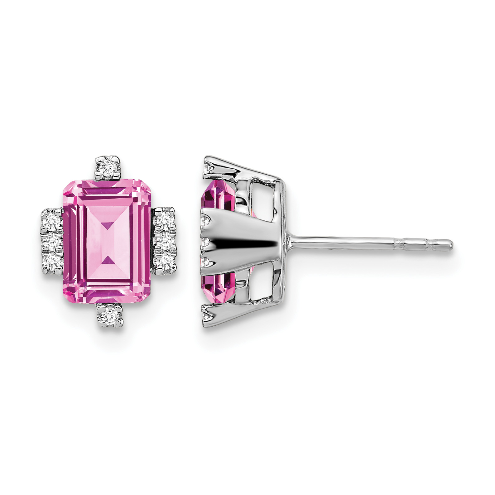 14k White Gold Emerald-shape Creat. Pink Sapphire/Diamond Earrings (EM7106-CPS-008-WA)