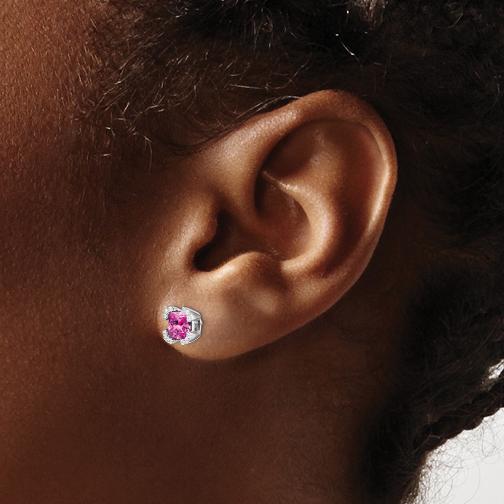 14k White Gold Cushion Created Pink Sapphire and Diamond Earrings (EM7107-CPS-010-WA)