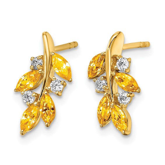14k Marquise Citrine and 1/8 carat Diamond Leaf Post Earrings