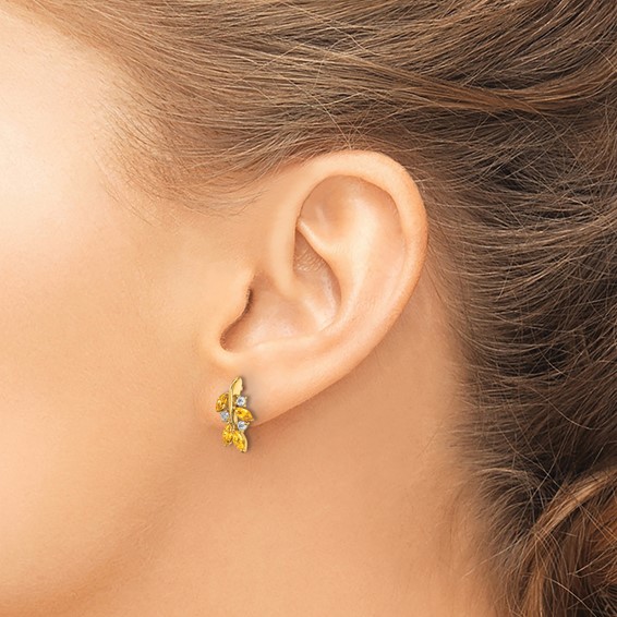 14k Marquise Citrine and 1/8 carat Diamond Leaf Post Earrings