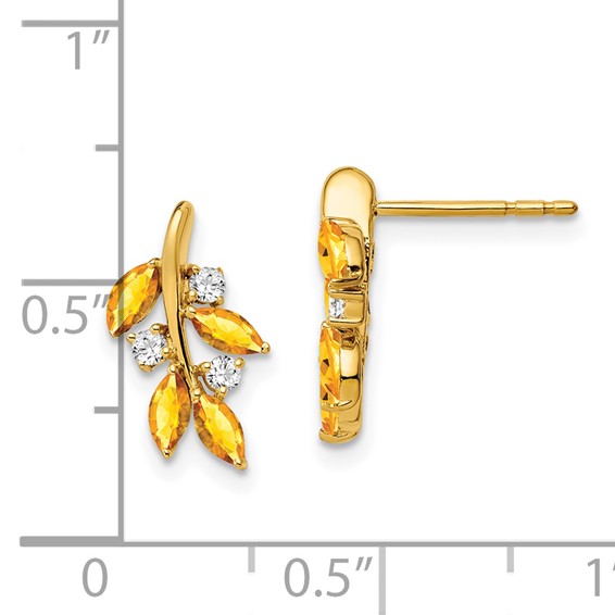 14k Marquise Citrine and 1/8 carat Diamond Leaf Post Earrings