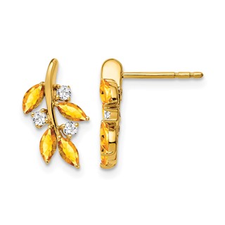 14k Marquise Citrine and 1/8 carat Diamond Leaf Post Earrings