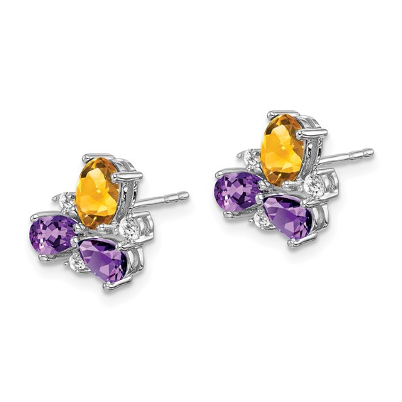 14k White Gold Pear Amethyst/Oval Citrine and 1/8 carat Diamond Post Earrings
