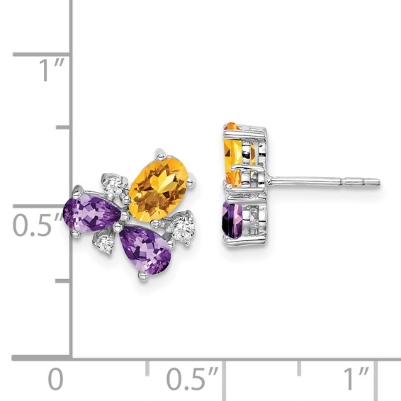 14k White Gold Pear Amethyst/Oval Citrine and 1/8 carat Diamond Post Earrings
