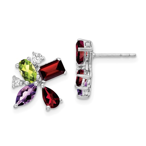14k White Gold Amethyst/Peridot/Garnet/Diamond Post Earrings
