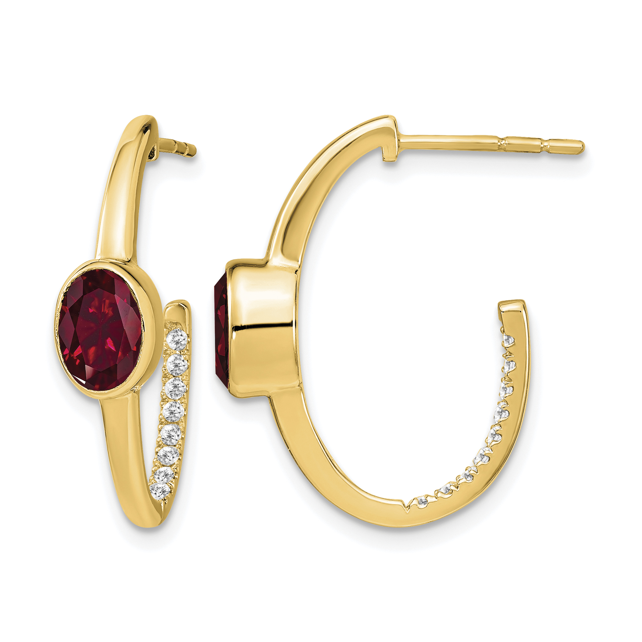 14k Oval Created Ruby and Diamond J-Hoop Earrings (EM7214-RU-018-YA)