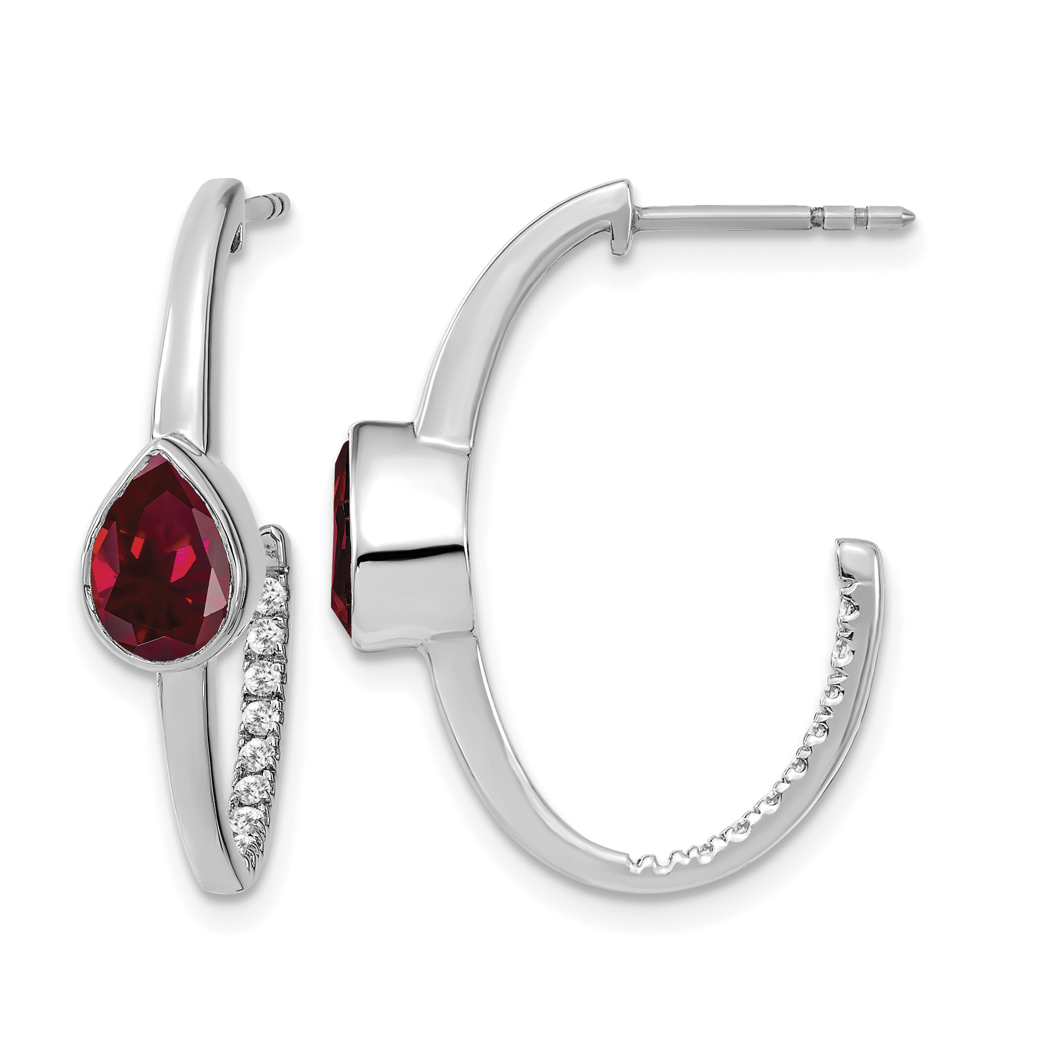 14k White Gold Pear Created Ruby and Diamond J-Hoop Earrings (EM7215-RU-018-WA)