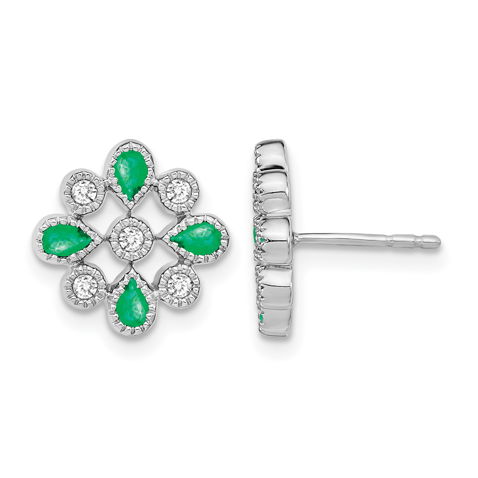 14k White Gold Emerald and Diamond Post Earrings (EM7218-EM-015-WA)