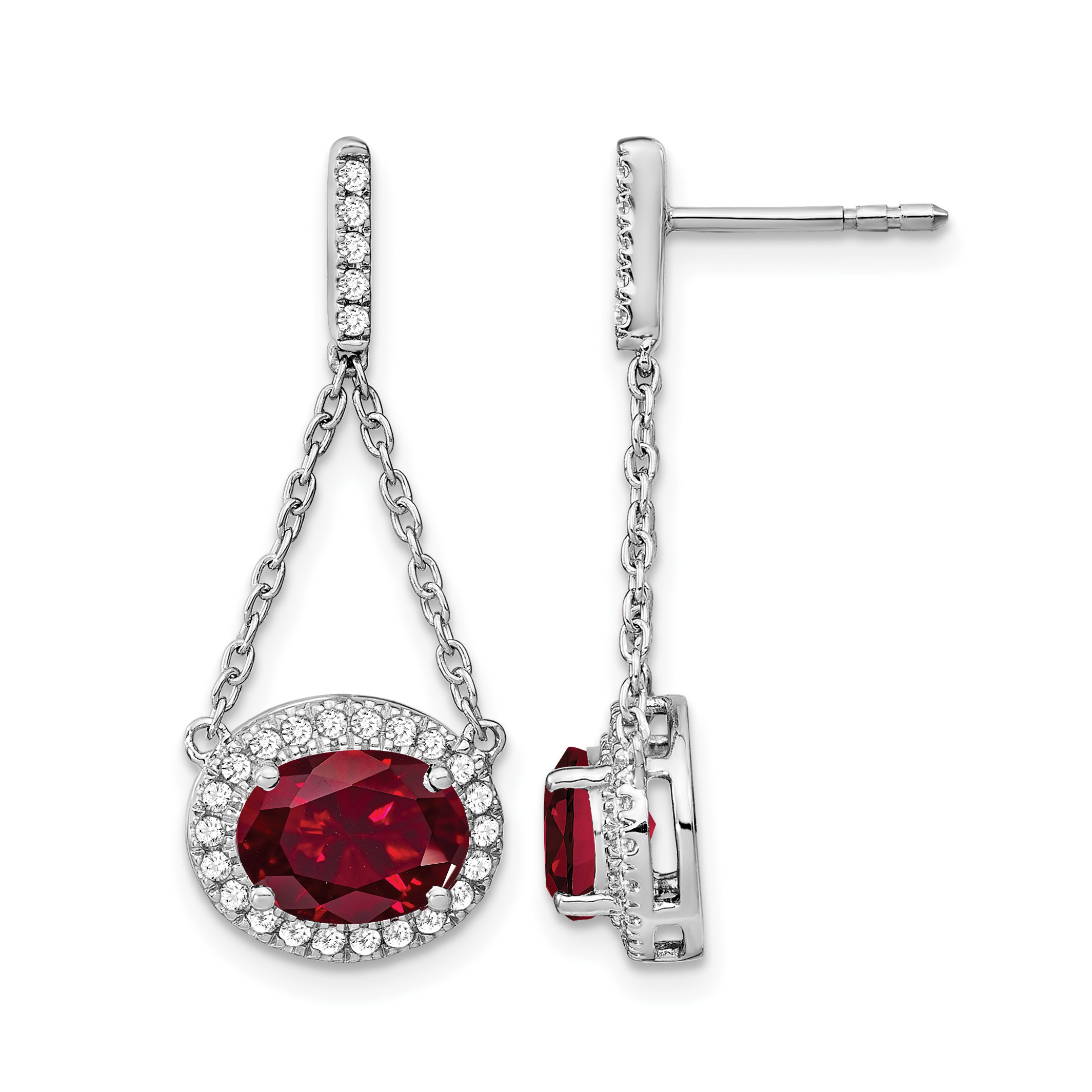 14k White Gold Oval Created Ruby and Diamond Dangle Earrings (EM7228-RU-033-WA)
