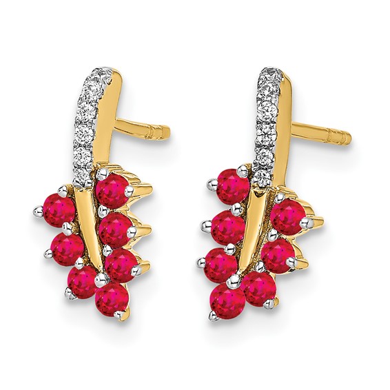 14k Ruby and Diamond Leaf Post Earrings
