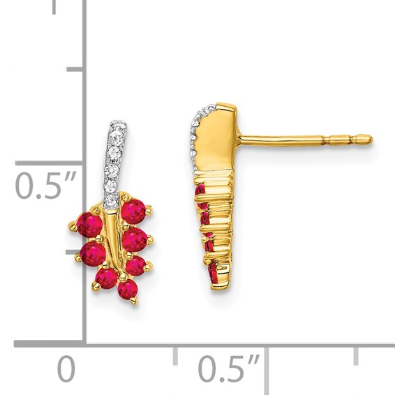 14k Ruby and Diamond Leaf Post Earrings