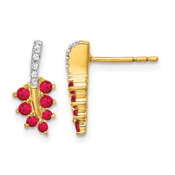 14k Ruby and Diamond Leaf Post Earrings