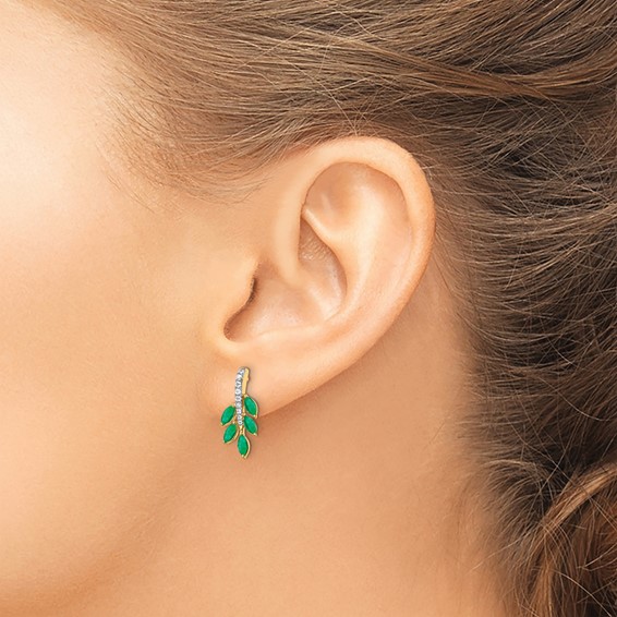 14k Emerald and Diamond Leaf Post Earrings