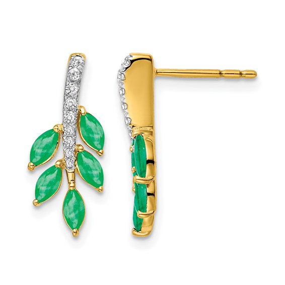 14k Emerald and Diamond Leaf Post Earrings
