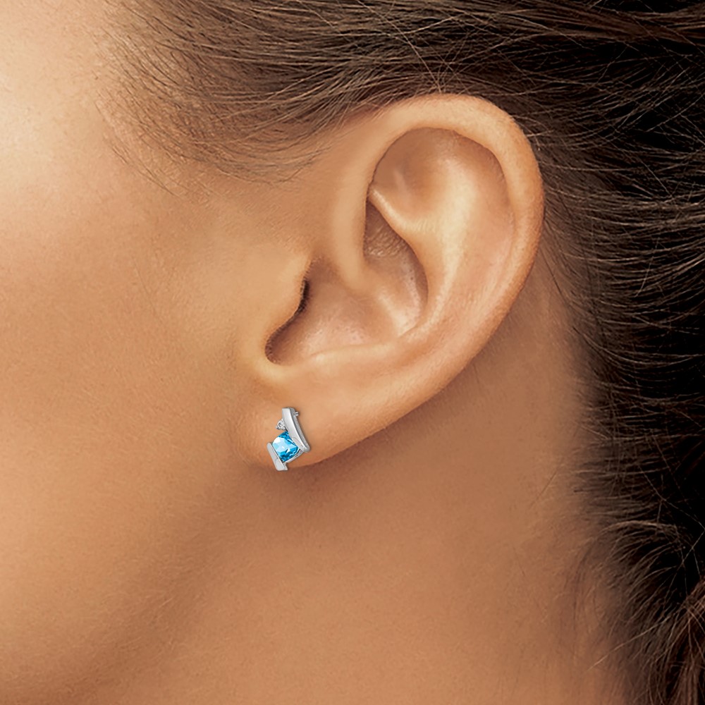 10k White Gold Cushion Blue Topaz and Diamond Earrings (EM7398-BT-003-1WA)