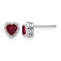 14K White Gold 0.10 Carat Lab Grown Diamond VS SI+ G+ and Created Ruby Complete Heart Halo Post Earrings view 1