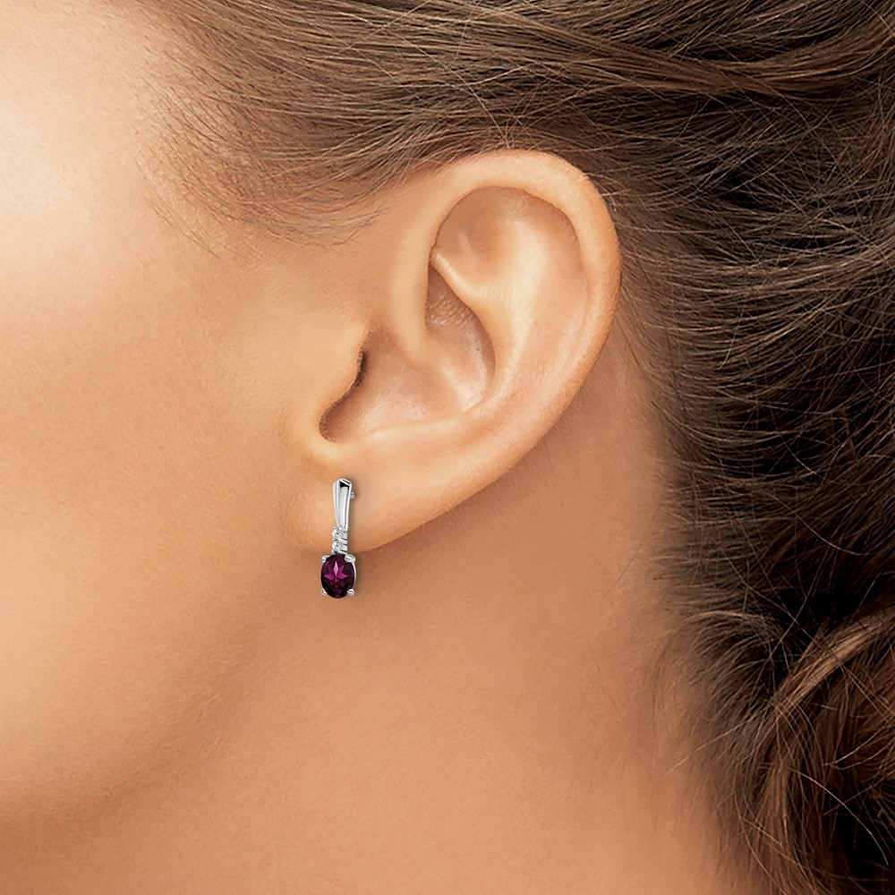 14k White Gold Oval Rhodolite Garnet and Diamond Dangle Earrings (EM7407-RG-004-WA)