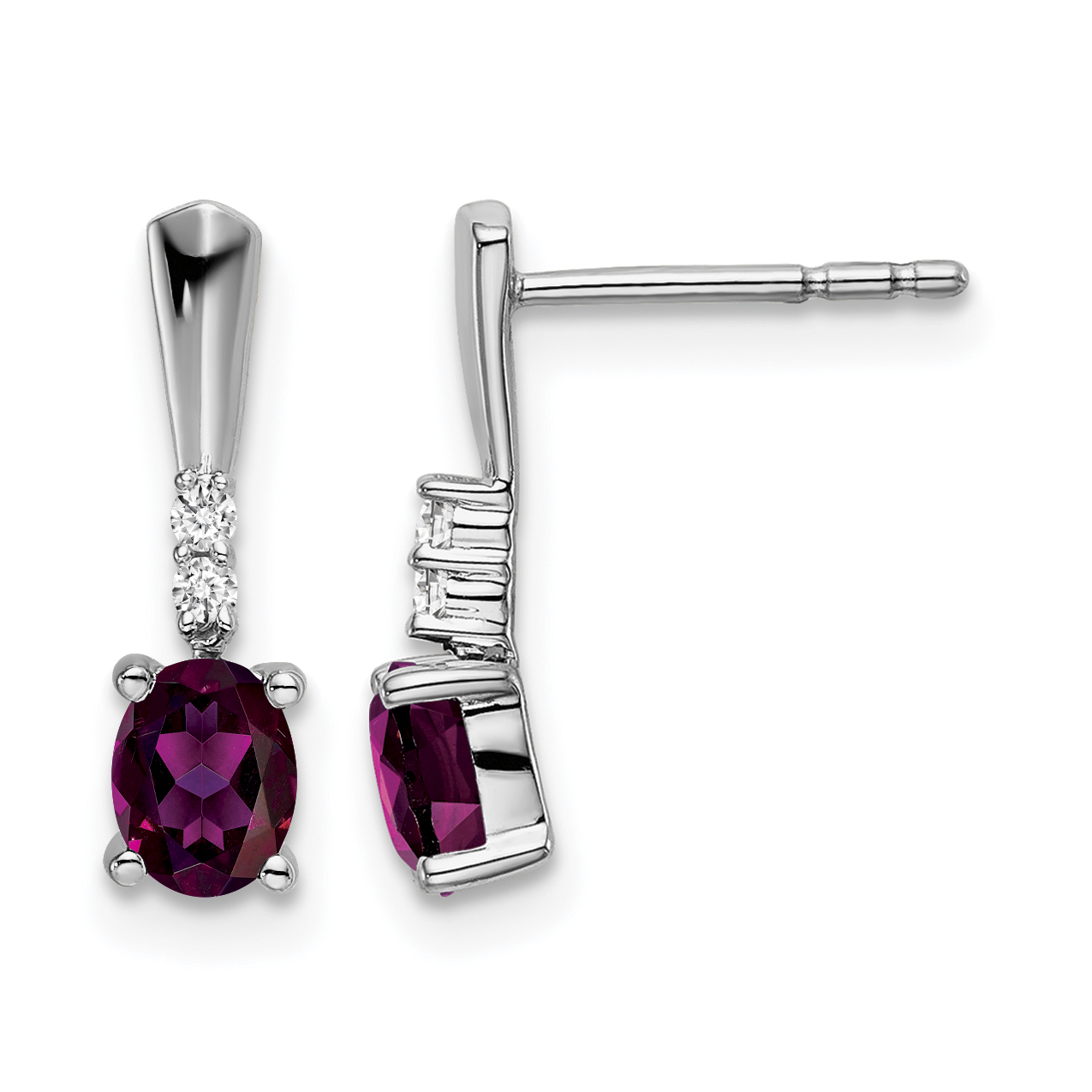 14k White Gold Oval Rhodolite Garnet and Diamond Dangle Earrings (EM7407-RG-004-WA)