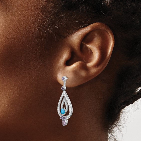 14k White Gold Turquoise/Amethyst/White Topaz Dangle Earrings