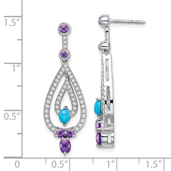 14k White Gold Turquoise/Amethyst/White Topaz Dangle Earrings
