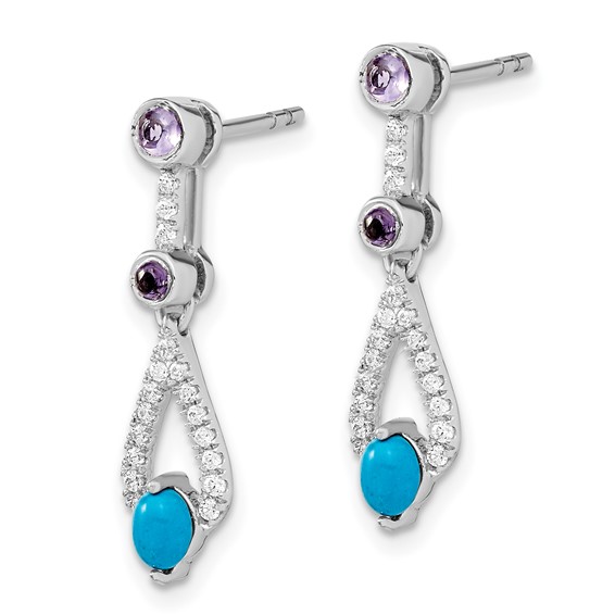 14k White Gold Turquoise/Amethyst/White Topaz Dangle Post Earrings