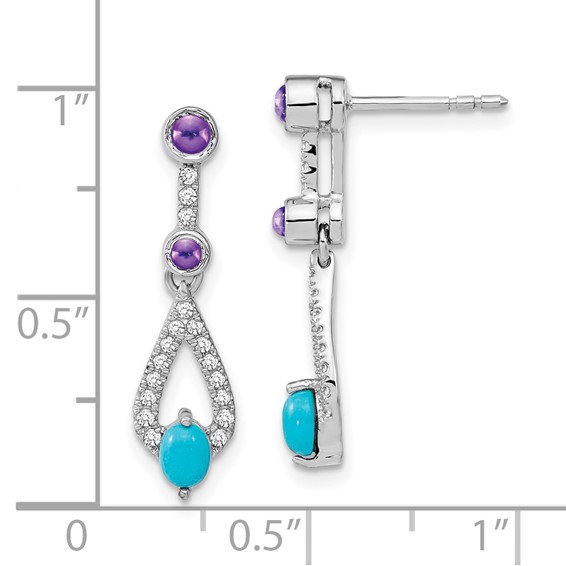 14k White Gold Turquoise/Amethyst/White Topaz Dangle Post Earrings