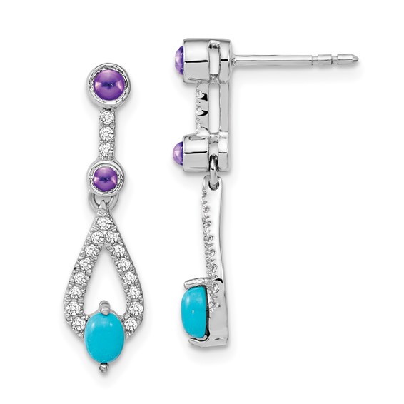 14k White Gold Turquoise/Amethyst/White Topaz Dangle Post Earrings