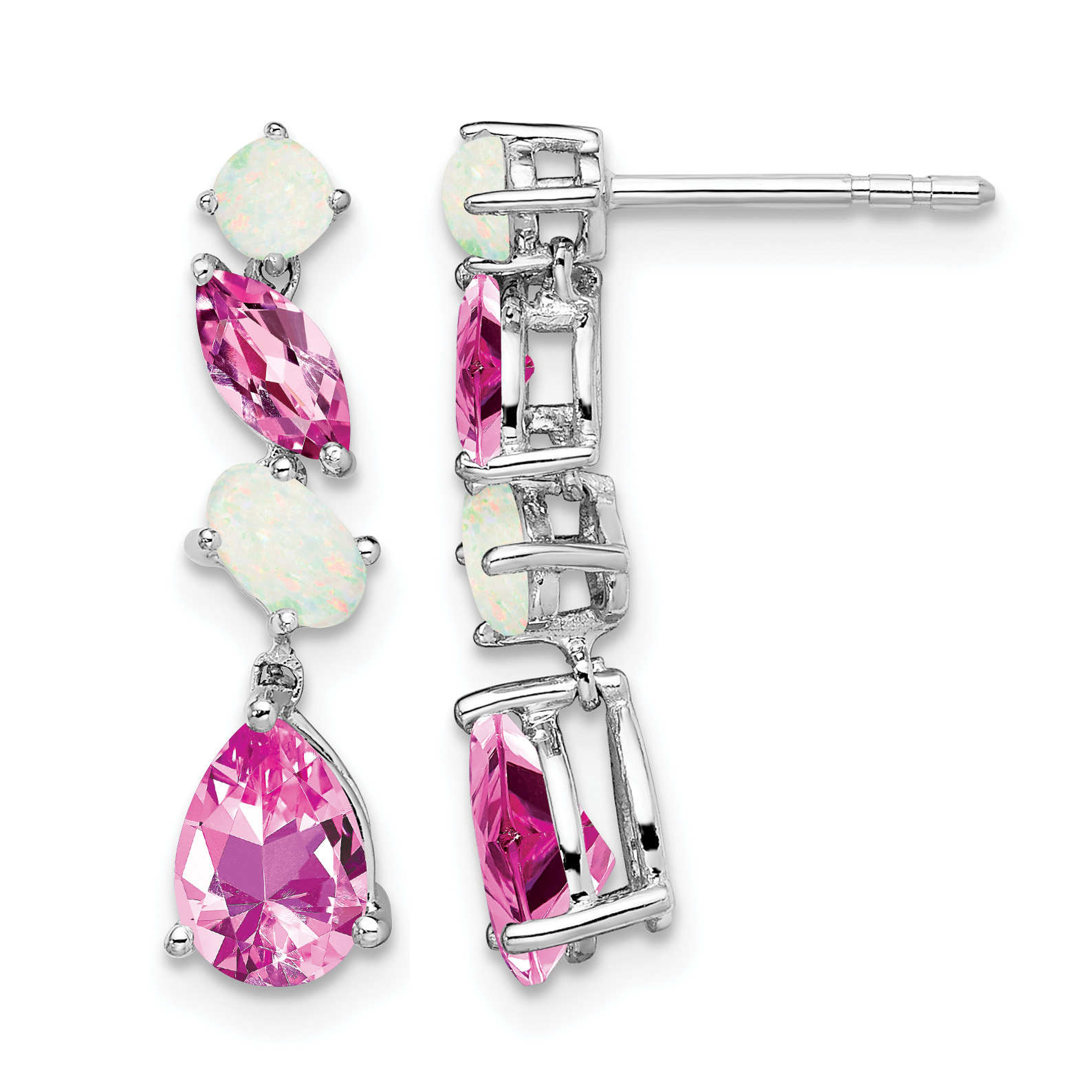 14k White Gold Created Pink Sapphire and Opal Dangle Earrings (EM7458-CPS/OP-W)
