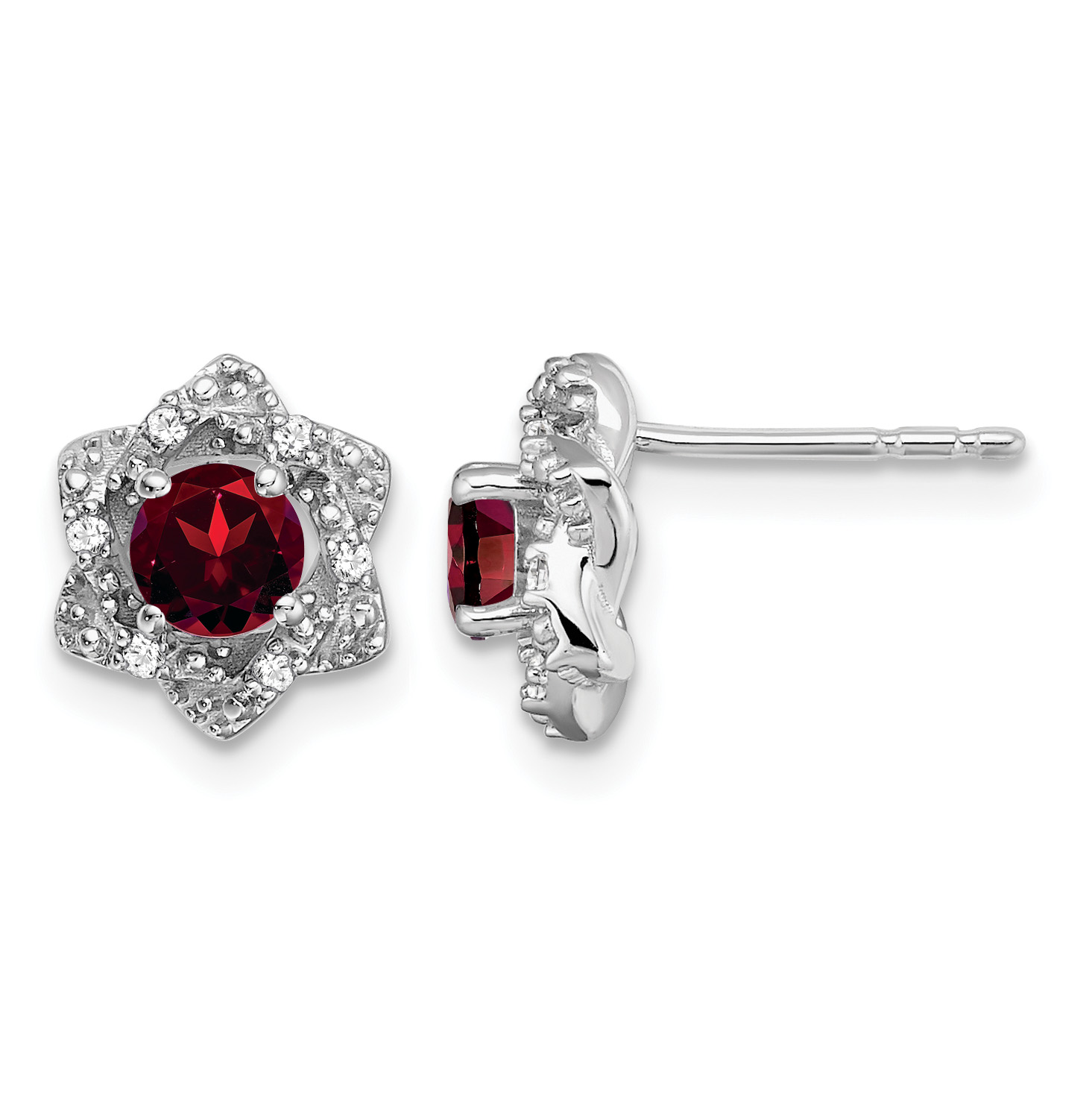 14k White Gold Garnet and Diamond Post Earrings (EM7459-GA-006-WA)