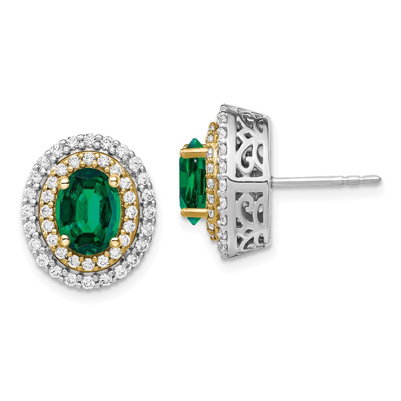 14K Two-Tone Lab Grown VS/SI FGH Dia and Created Emerald Earrings