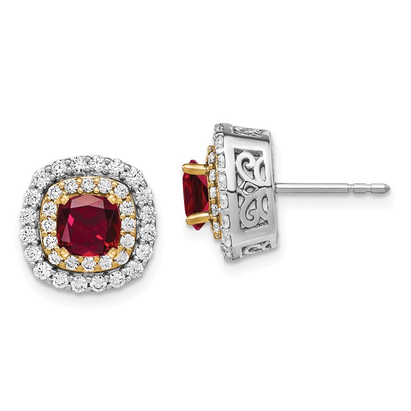 14K Two-Tone Lab Grown VS/SI+ G+ Dia & Created Ruby Earrings