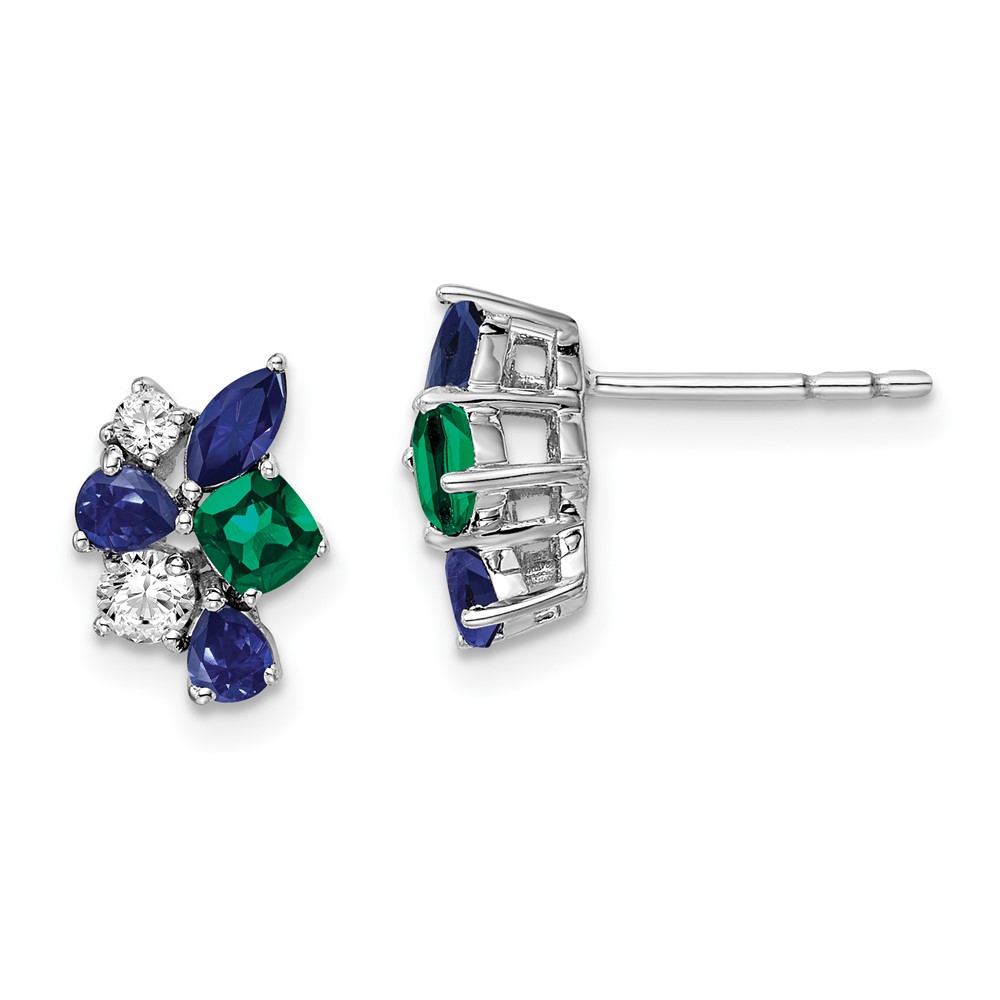 14kw Lab Grown Dia. 3 Created Blue Sapphires 1 Created Emerald Earrings