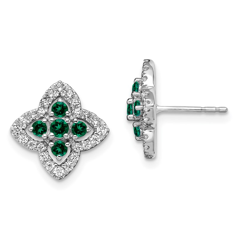 14k White Gold 1/3 carat Lab Grown Diamond VS/SI+ G+ and Created Emerald Complete Fashion Post Earrings
