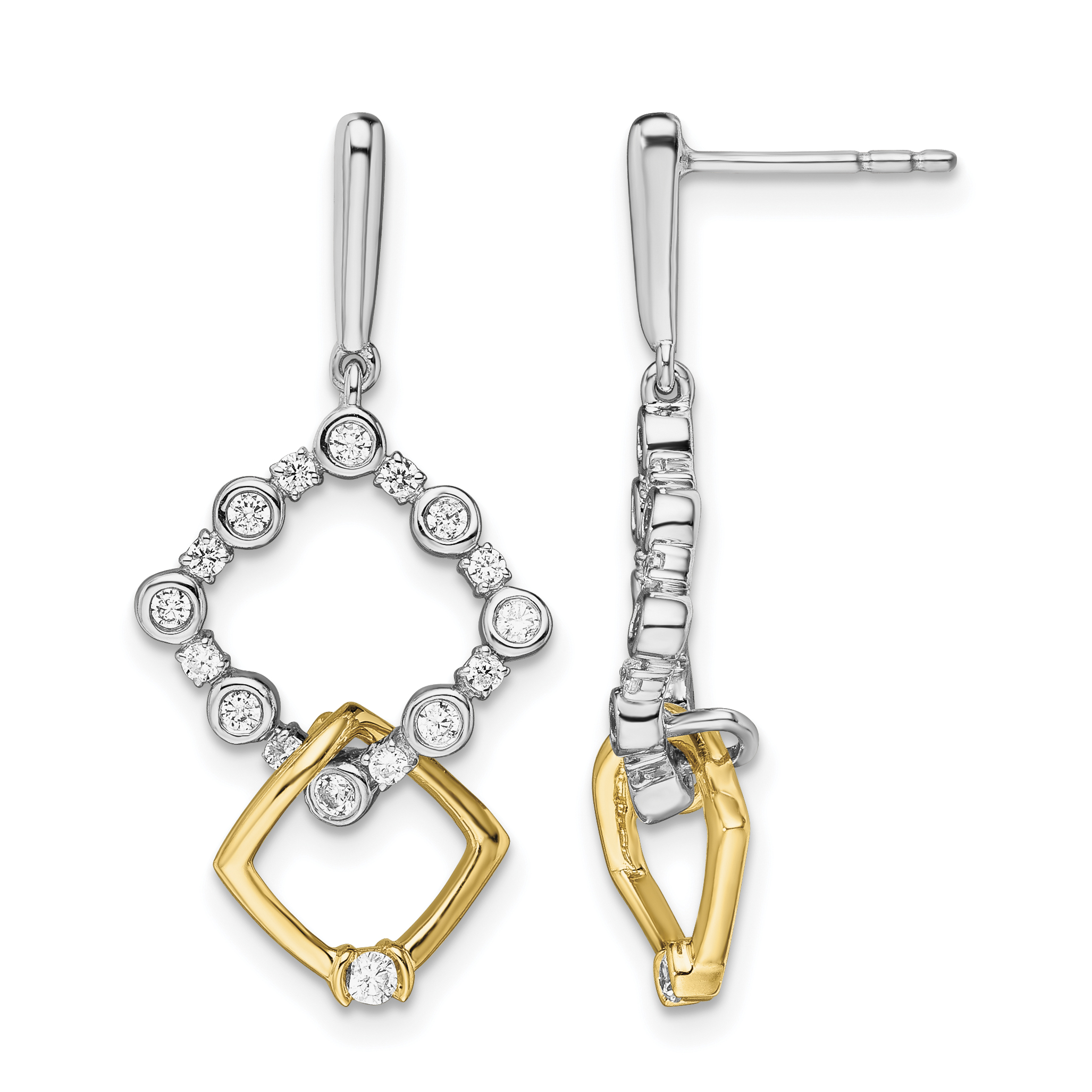 14k Two-tone 3/8 carat Lab Grown Diamond VS/SI+ G+ Fancy Square Drop Post Dangle Earrings (EM7923-040-WYLG)