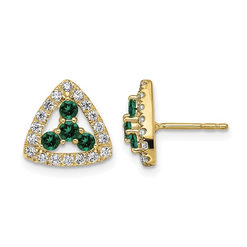 14K Yellow Gold 0.38 Carat Lab Grown Diamond VS SI+ G+ and Created Emerald Complete Triangle Post Earrings