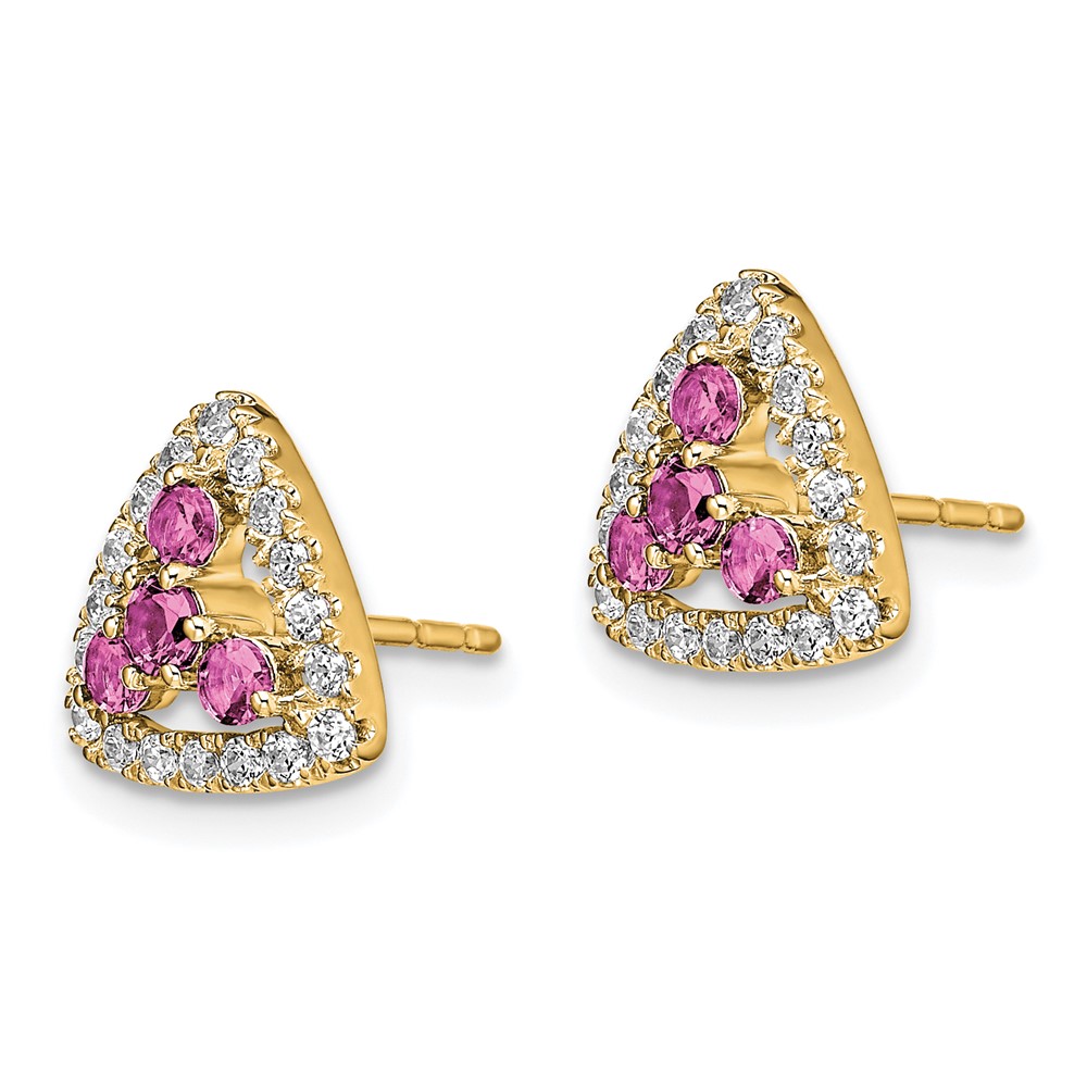 Pure Serenity 14k 3/8 carat Lab Grown Diamond VS/SI+ G+ and Lab Created Pink Sapphire Triangle Post Earrings (EM7932-CPS-039-YLG)